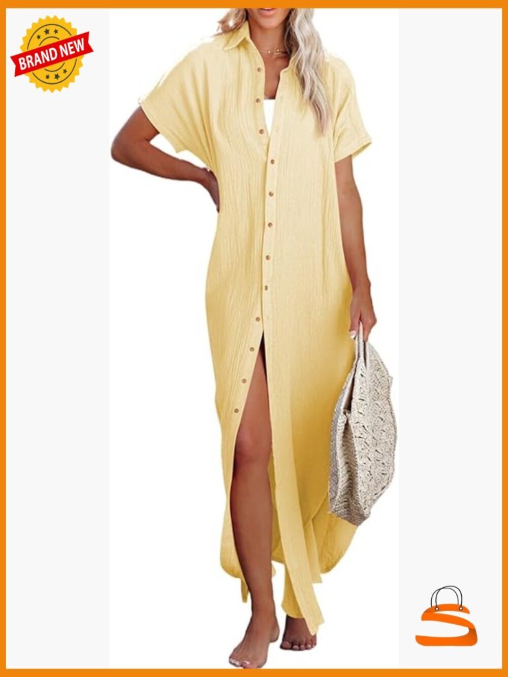 Short Sleeve Button Down Side Split Kimono Cardigan Swimsuit Cover Up Beach